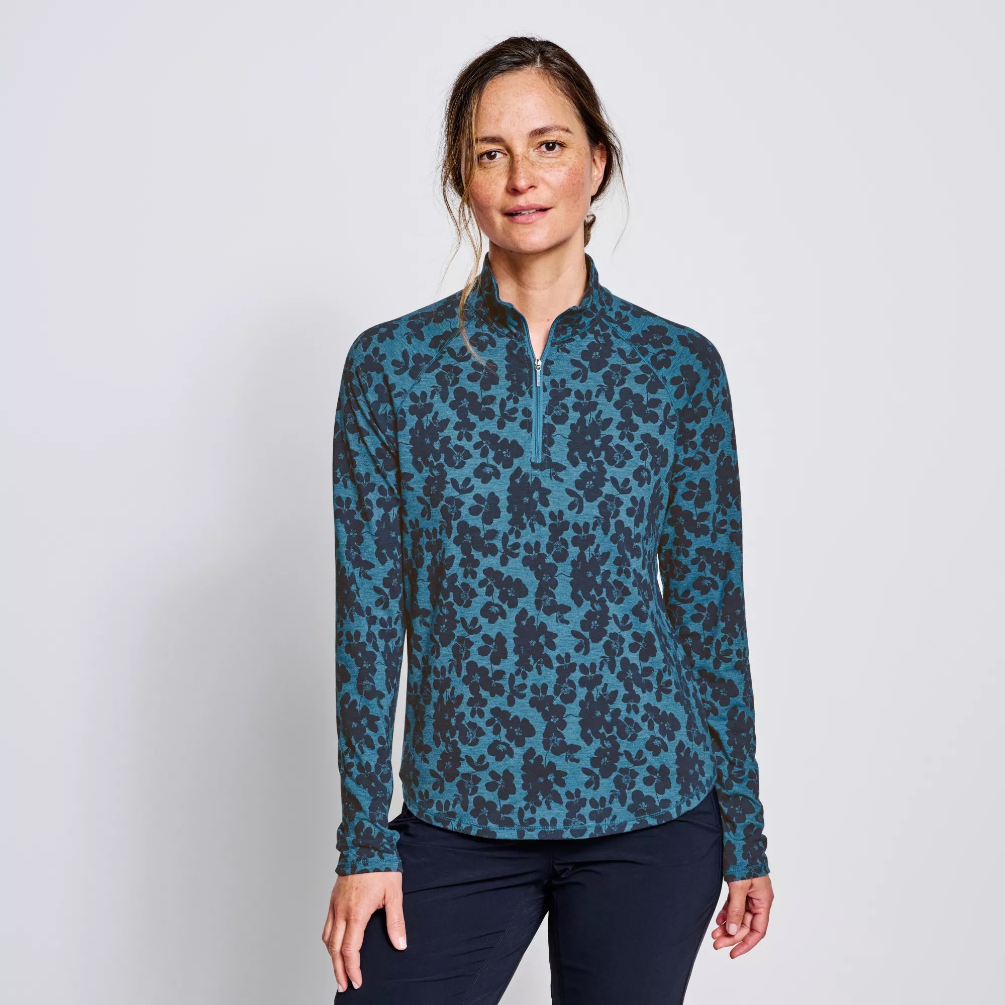 Orvis Women's Dricast Printed 1/4 Zip Blue Lagoon Shadow Floral Image 02