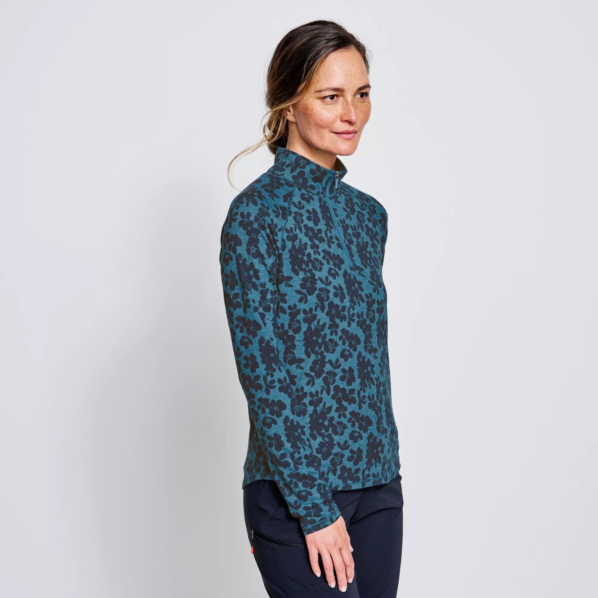 Orvis Women's Dricast Printed 1/4 Zip Blue Lagoon Shadow Floral Image 03