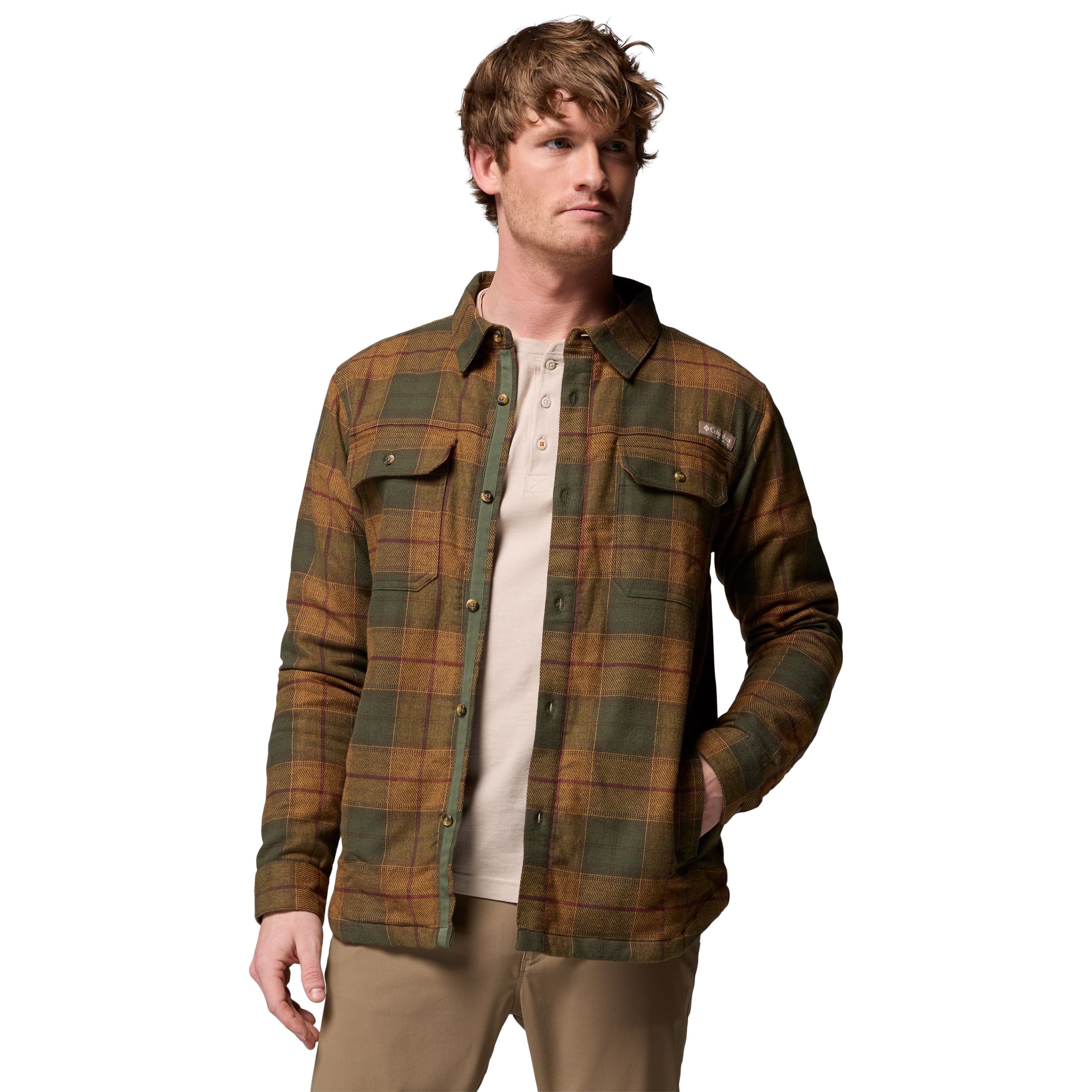Columbia Men's Saddle Point Warm Lined Flannel Surplus Green Iron Sight Buffalo Image 05