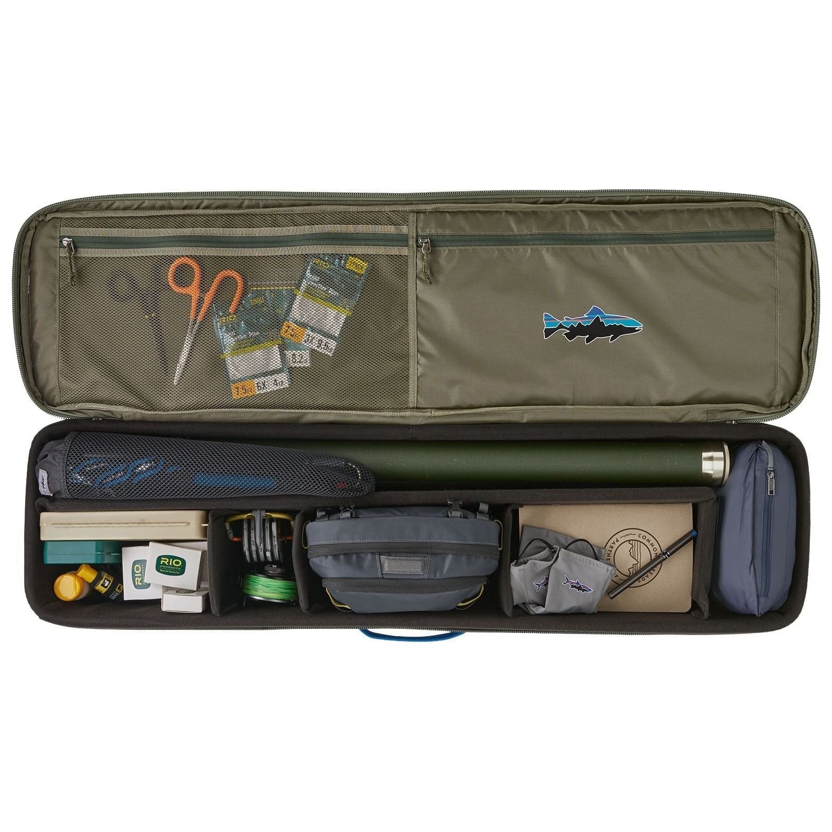 Patagonia Black Hole Rod Case Basin Green with Fitz Trout