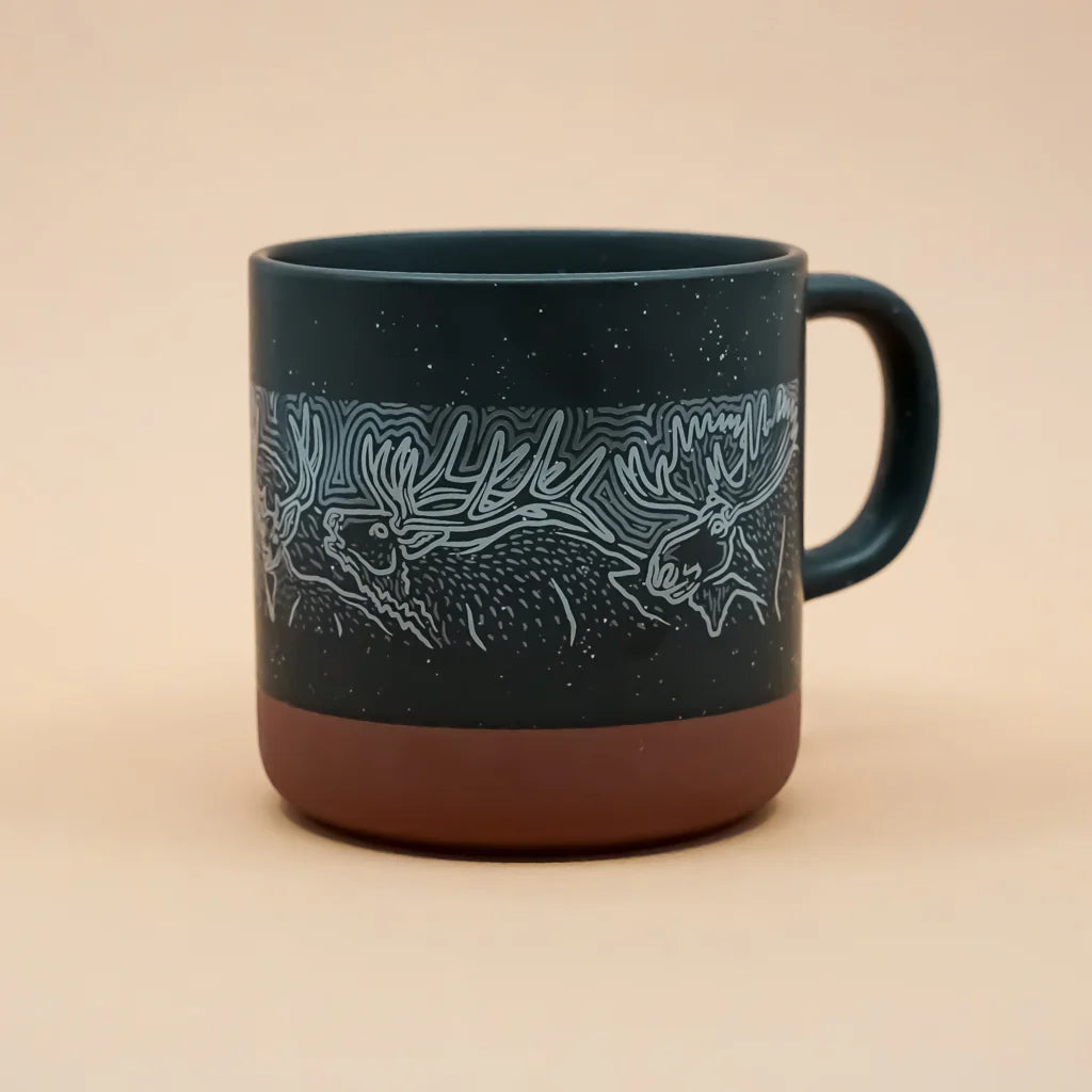Artist Casey Underwood Mug with elk, moose & deer design 