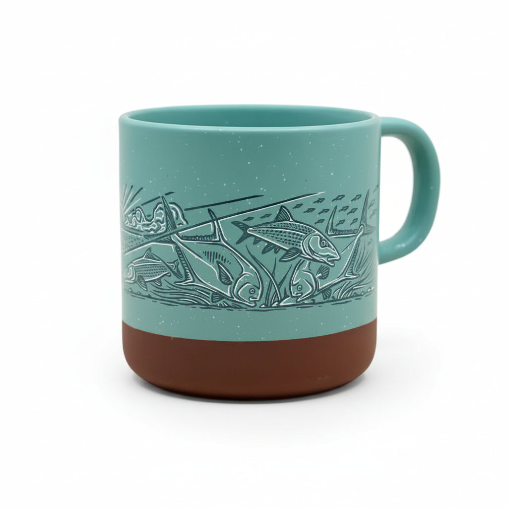 Artist Casey Underwood Teal mug with flats fishing design